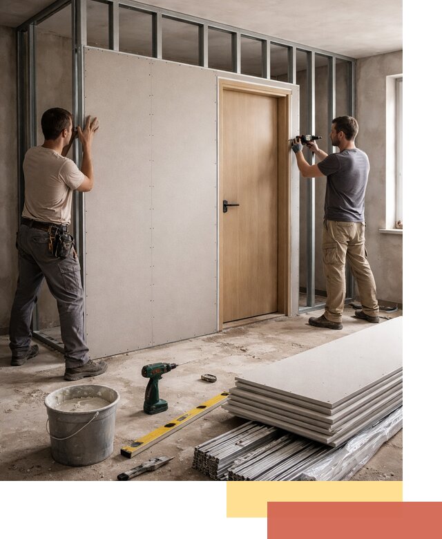 Перегородка из гипсокартона с дверью под ключ в Серове