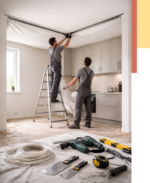 Установка натяжного потолка на кухне в Серове от 2448 руб. | ОТДЕЛОЧНИК-Срв