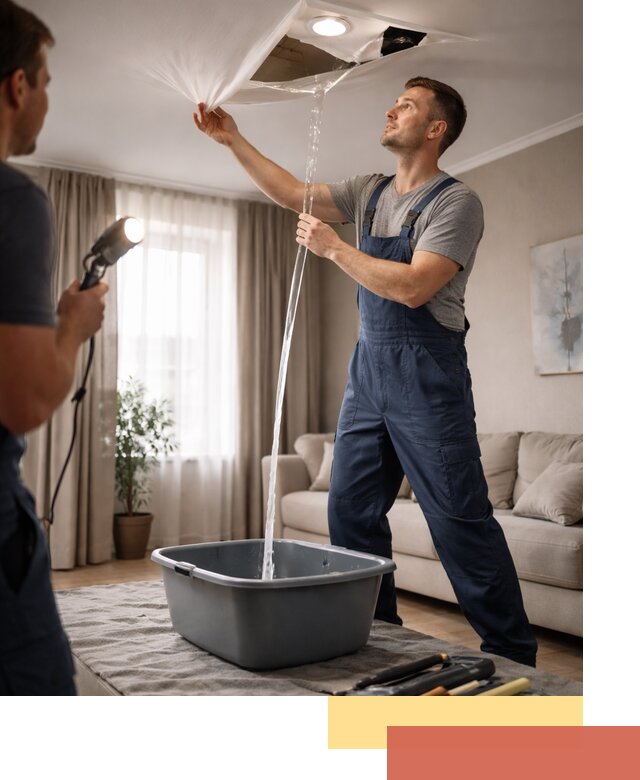 Слив воды с натяжного потолка в Серове быстро и аккуратно